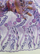 Lilac Floral Design Beads & Sequins, Lace Beaded Floral & Leaf Embroidered Lace