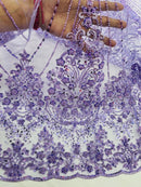 Lilac Luxury Beaded Fabric By The Yard, Luxury Geometric Design Beads and Sequins Mesh