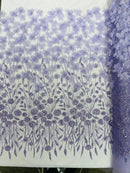 Lilac Beaded Fabric 3D Floral Butterfly Fabric by the Yard, Luxury Butterfly Mesh