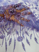 Lilac Beaded Fabric 3D Floral Butterfly Fabric by the Yard, Luxury Butterfly Mesh
