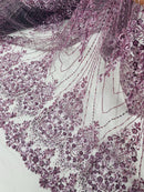Plum Luxury Beaded Fabric By The Yard, Luxury Geometric Design Beads and Sequins Mesh
