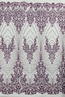 Plum Luxury Beaded Fabric By The Yard, Luxury Geometric Design Beads and Sequins Mesh