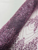 Plum Luxury Beaded Fabric By The Yard, Luxury Geometric Design Beads and Sequins Mesh