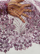 Plum Luxury Beaded Fabric By The Yard, Luxury Geometric Design Beads and Sequins Mesh
