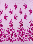 Floral 3D Pearl Fabric - Magenta - Embroidered Single Border Flower Design Pearl Fabric By Yard