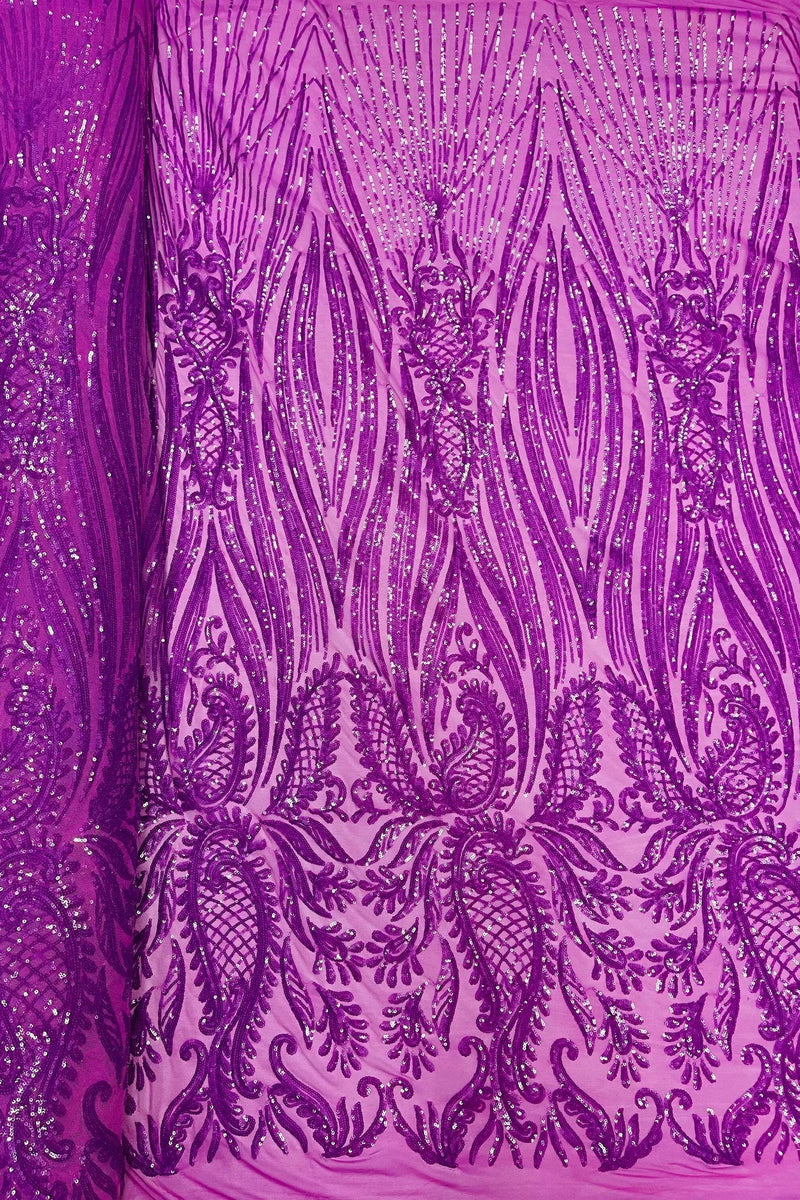 Paisley Lines Sequin Fabric - Magenta - 4 Way Stretch Fancy Fabric By The Yard