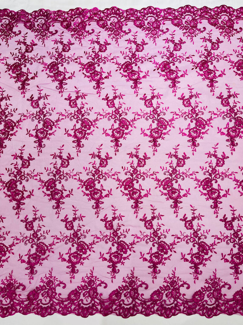 Plant Design Lace Fabric - Magenta - Small Plant Flower Leaf Design Lace Fabric Sold By Yard