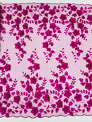Floral 3D Pearl Fabric - Magenta - Embroidered Double Border Flower Design Pearl Fabric By Yard