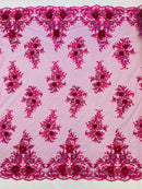 3D Rhinestone Flower Fabric - Magenta - 3D Flower Beaded Clusters with Sequins and Rhinestones By Yard