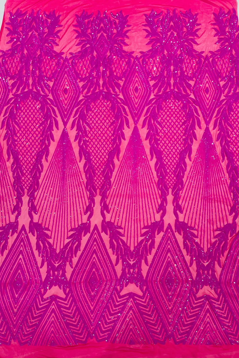 Triangle Pattern Sequins - Magenta Iridescent - 4 Way Stretch Fabric Sequins Geometric Design  By Yard