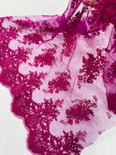 Damask Flower Lace Fabric - Magenta - Damask Flowers Embroidered on Lace Fabric By Yard
