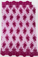 Damask Flower Lace Fabric - Magenta - Damask Flowers Embroidered on Lace Fabric By Yard