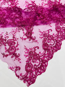 Plant Design Lace Fabric - Magenta - Small Plant Flower Leaf Design Lace Fabric Sold By Yard