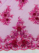 3D Rhinestone Flower Fabric - Magenta - 3D Flower Beaded Clusters with Sequins and Rhinestones By Yard