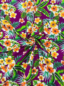 Hawaiian Floral Print Fabric - Magenta - 45" Plumeria Tropical Flower Cotton Fabric by Yard