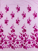 Floral 3D Pearl Fabric - Magenta - Embroidered Single Border Flower Design Pearl Fabric By Yard
