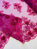 3D Rhinestone Flower Fabric - Magenta - 3D Flower Beaded Clusters with Sequins and Rhinestones By Yard