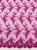 Plant Design Lace Fabric - Magenta - Small Plant Flower Leaf Design Lace Fabric Sold By Yard
