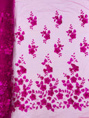 Floral 3D Pearl Fabric - Magenta - Embroidered Single Border Flower Design Pearl Fabric By Yard