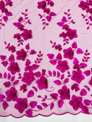 Floral 3D Pearl Fabric - Magenta - Embroidered Double Border Flower Design Pearl Fabric By Yard