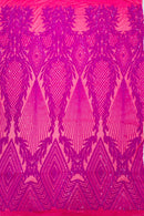 Triangle Pattern Sequins - Magenta Iridescent - 4 Way Stretch Fabric Sequins Geometric Design  By Yard