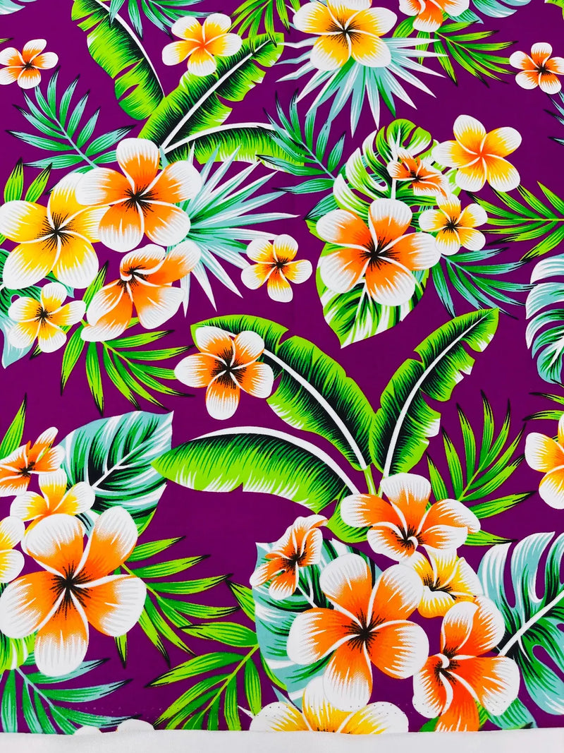 Hawaiian Floral Print Fabric - Magenta - 45" Plumeria Tropical Flower Cotton Fabric by Yard