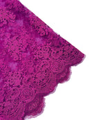 Damask Flower Lace Fabric - Magenta - Damask Flowers Embroidered on Lace Fabric By Yard