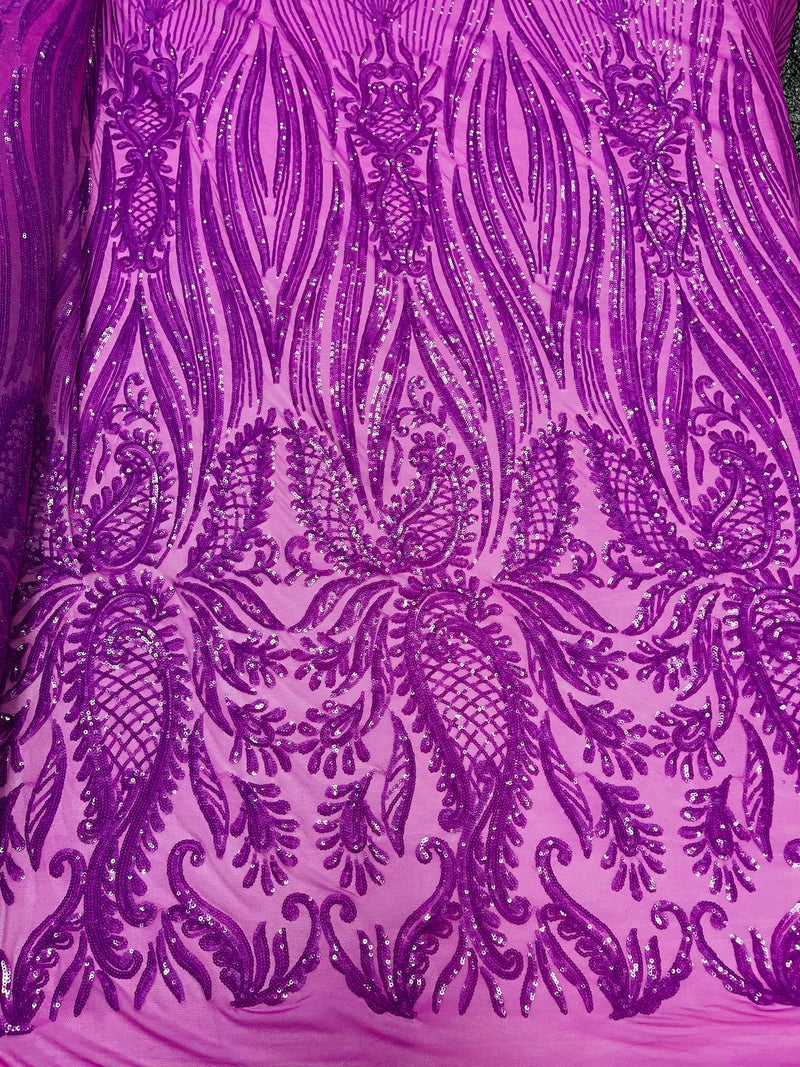 Paisley Lines Sequin Fabric - Magenta - 4 Way Stretch Fancy Fabric By The Yard