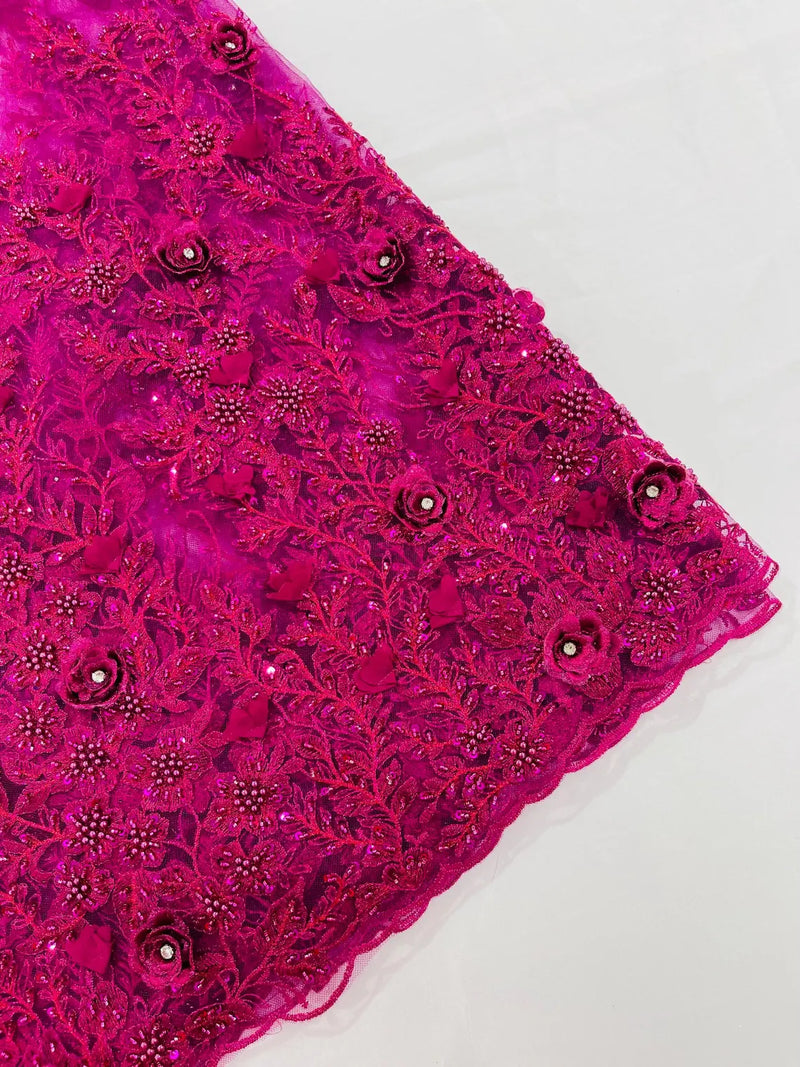 3D Rhinestone Flower Design - Magenta - Flower Sequins  Embroidered Lace Fabric By Yard