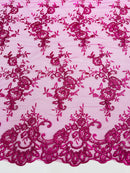 Plant Design Lace Fabric - Magenta - Small Plant Flower Leaf Design Lace Fabric Sold By Yard