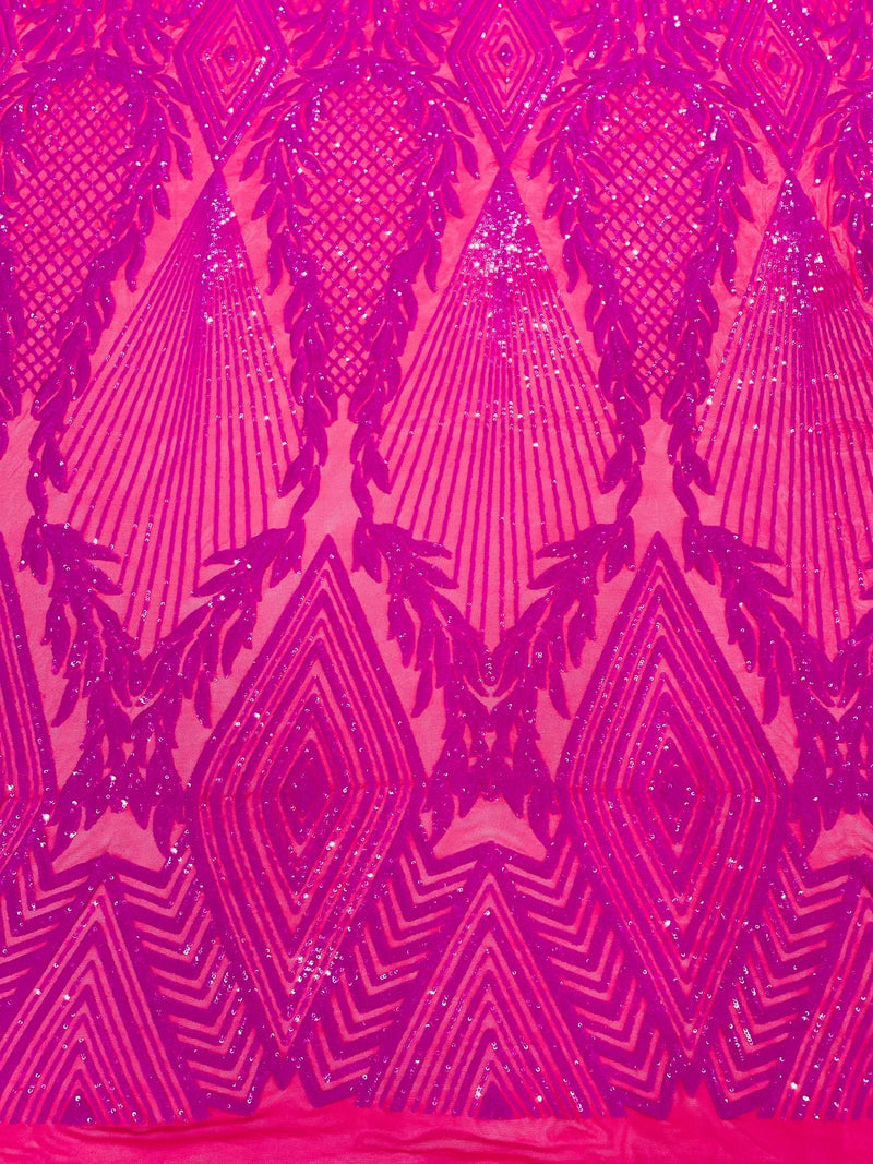 Triangle Pattern Sequins - Magenta Iridescent - 4 Way Stretch Fabric Sequins Geometric Design  By Yard