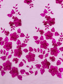 Floral 3D Pearl Fabric - Magenta - Embroidered Single Border Flower Design Pearl Fabric By Yard