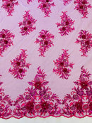 3D Rhinestone Flower Fabric - Magenta - 3D Flower Beaded Clusters with Sequins and Rhinestones By Yard