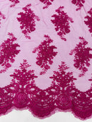 Damask Flower Lace Fabric - Magenta - Damask Flowers Embroidered on Lace Fabric By Yard