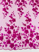 Floral 3D Pearl Fabric - Magenta - Embroidered Double Border Flower Design Pearl Fabric By Yard