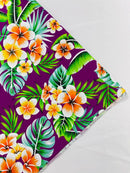 Hawaiian Floral Print Fabric - Magenta - 45" Plumeria Tropical Flower Cotton Fabric by Yard