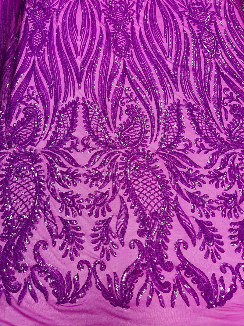 Paisley Lines Sequin Fabric - Magenta - 4 Way Stretch Fancy Fabric By The Yard