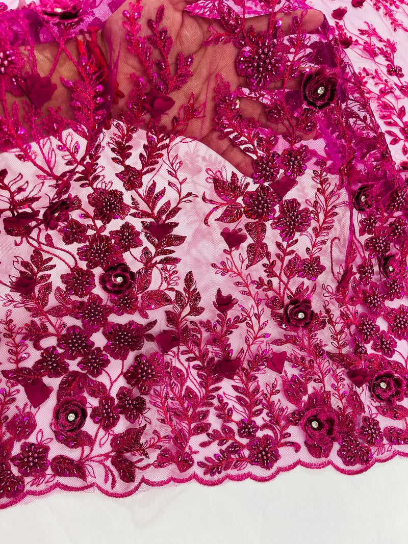 3D Rhinestone Flower Design - Magenta - Flower Sequins  Embroidered Lace Fabric By Yard