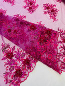3D Rhinestone Flower Fabric - Magenta - 3D Flower Beaded Clusters with Sequins and Rhinestones By Yard