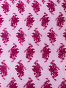 Damask Flower Lace Fabric - Magenta - Damask Flowers Embroidered on Lace Fabric By Yard