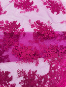 Damask Flower Lace Fabric - Magenta - Damask Flowers Embroidered on Lace Fabric By Yard
