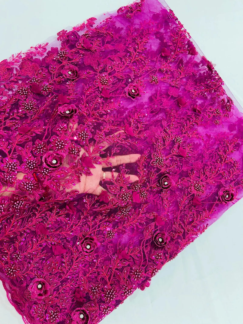 3D Rhinestone Flower Design - Magenta - Flower Sequins  Embroidered Lace Fabric By Yard