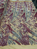 Olivia Sequins Design - Magenta Iridescent - 4 Way Stretch Multi Color Sequin Fabric on Mesh Sold By The Yard