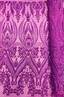 Big Damask Sequins - Magenta Iridescent - Damask Sequin Design on 4 Way Stretch Fabric By Yard