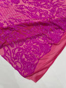 4 Way Stretch Fabric Design - Magenta Iridescent - Fancy Net Sequins Design Fabric By Yard