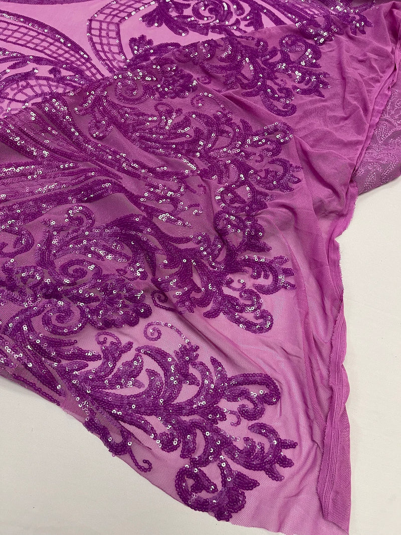 Big Damask Sequins - Magenta Iridescent - Damask Sequin Design on 4 Way Stretch Fabric By Yard