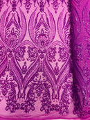 Big Damask Sequins - Magenta Iridescent - Damask Sequin Design on 4 Way Stretch Fabric By Yard