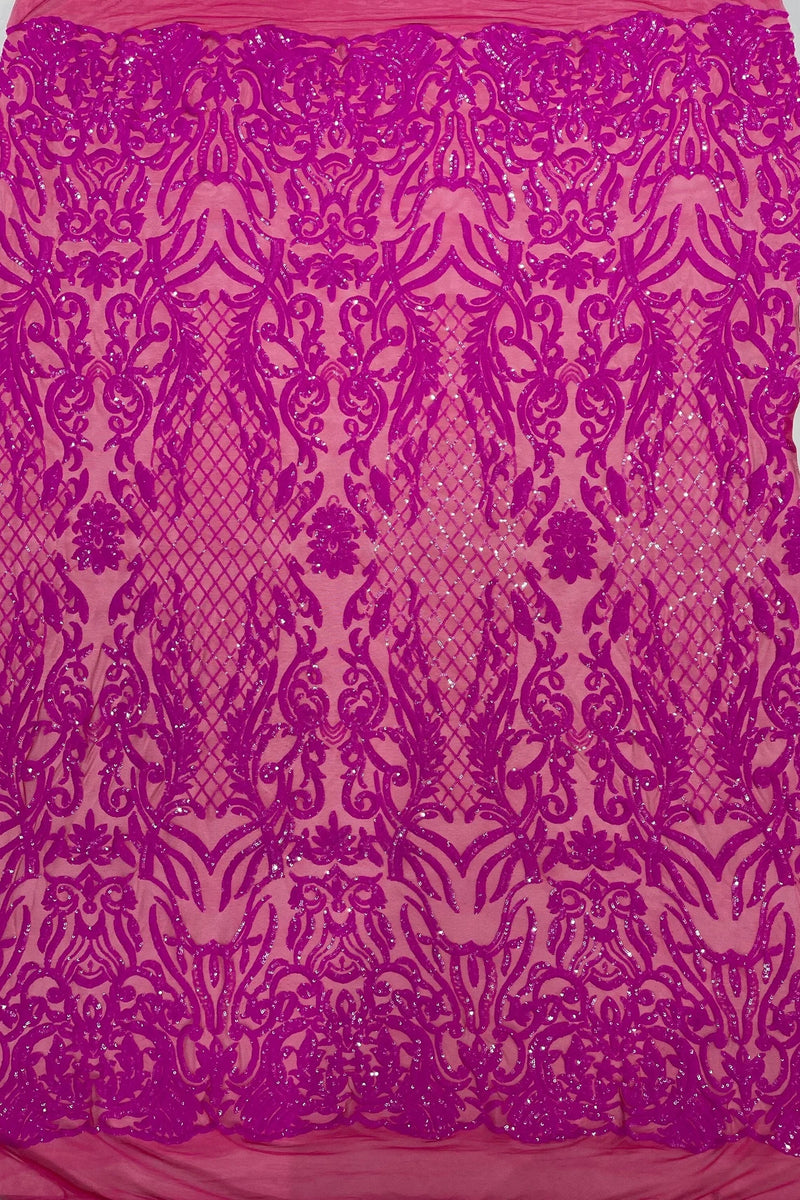 4 Way Stretch Fabric Design - Magenta Iridescent - Fancy Net Sequins Design Fabric By Yard