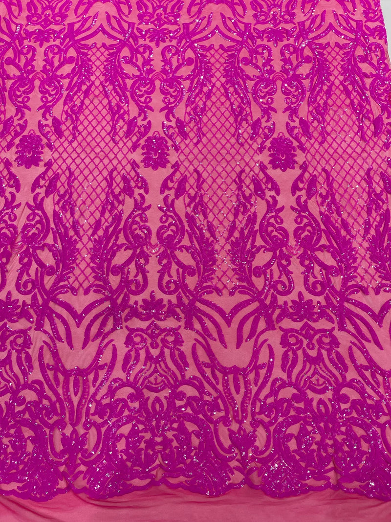 4 Way Stretch Fabric Design - Magenta Iridescent - Fancy Net Sequins Design Fabric By Yard