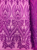Big Damask Sequins - Magenta Iridescent - Damask Sequin Design on 4 Way Stretch Fabric By Yard